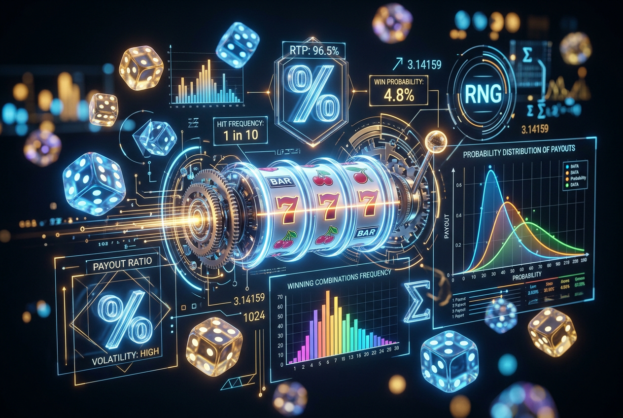 Abstract 3D visualization of slot machine mechanics and probability charts.