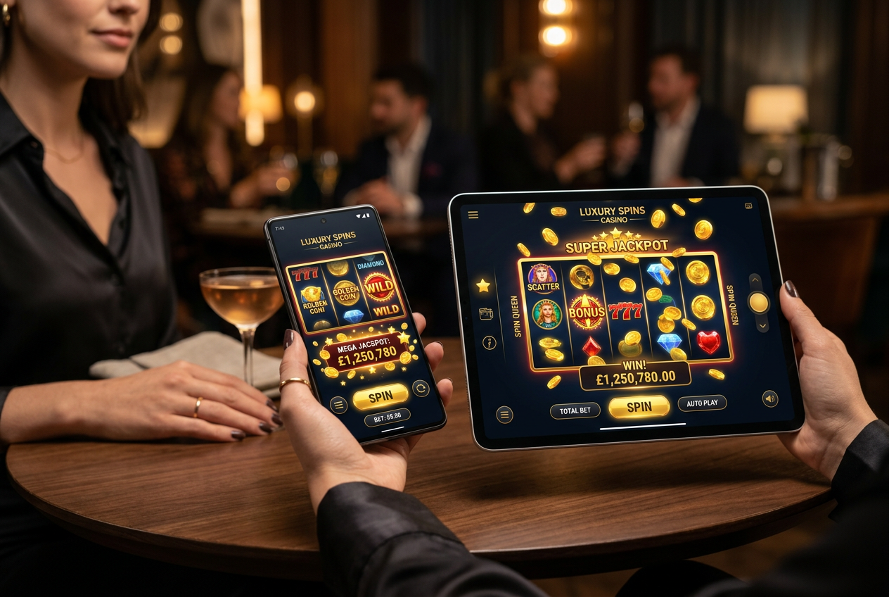 Modern online casino interface displayed on a high-end smartphone and tablet screen.