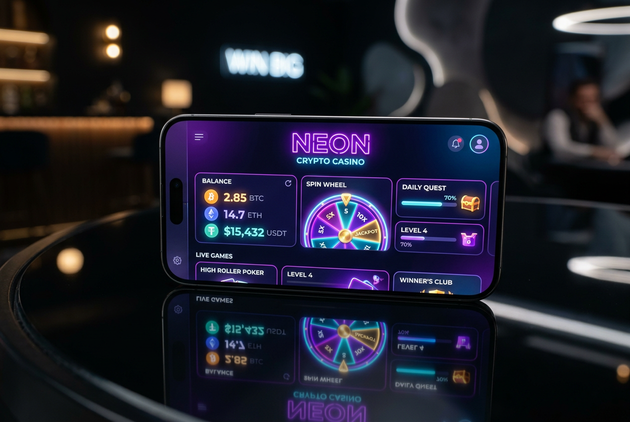 A high-end smartphone displaying a futuristic casino interface with neon accents.