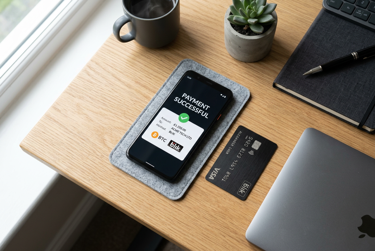 A minimalist desk setup with a smartphone and a sleek credit card representing fast payments.