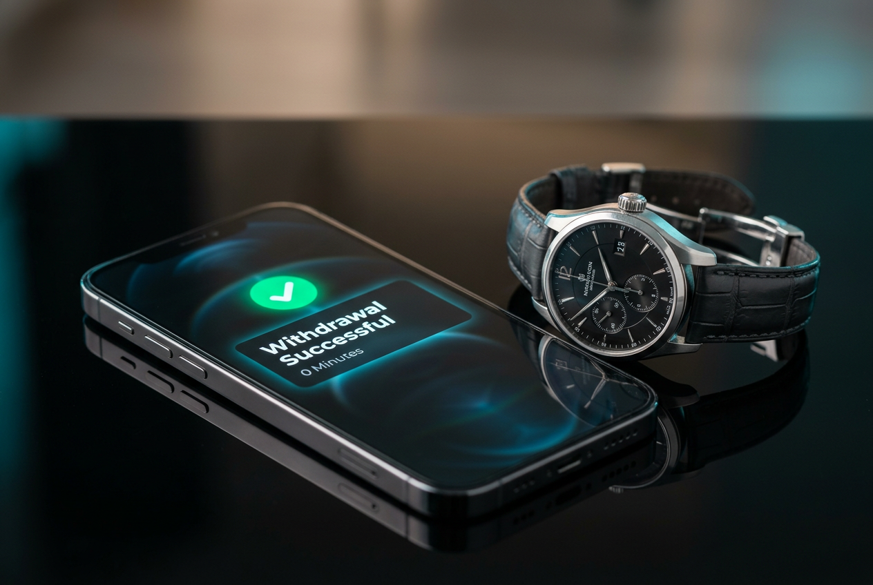 A luxury smartphone showing a successful fast payout notification on a dark background