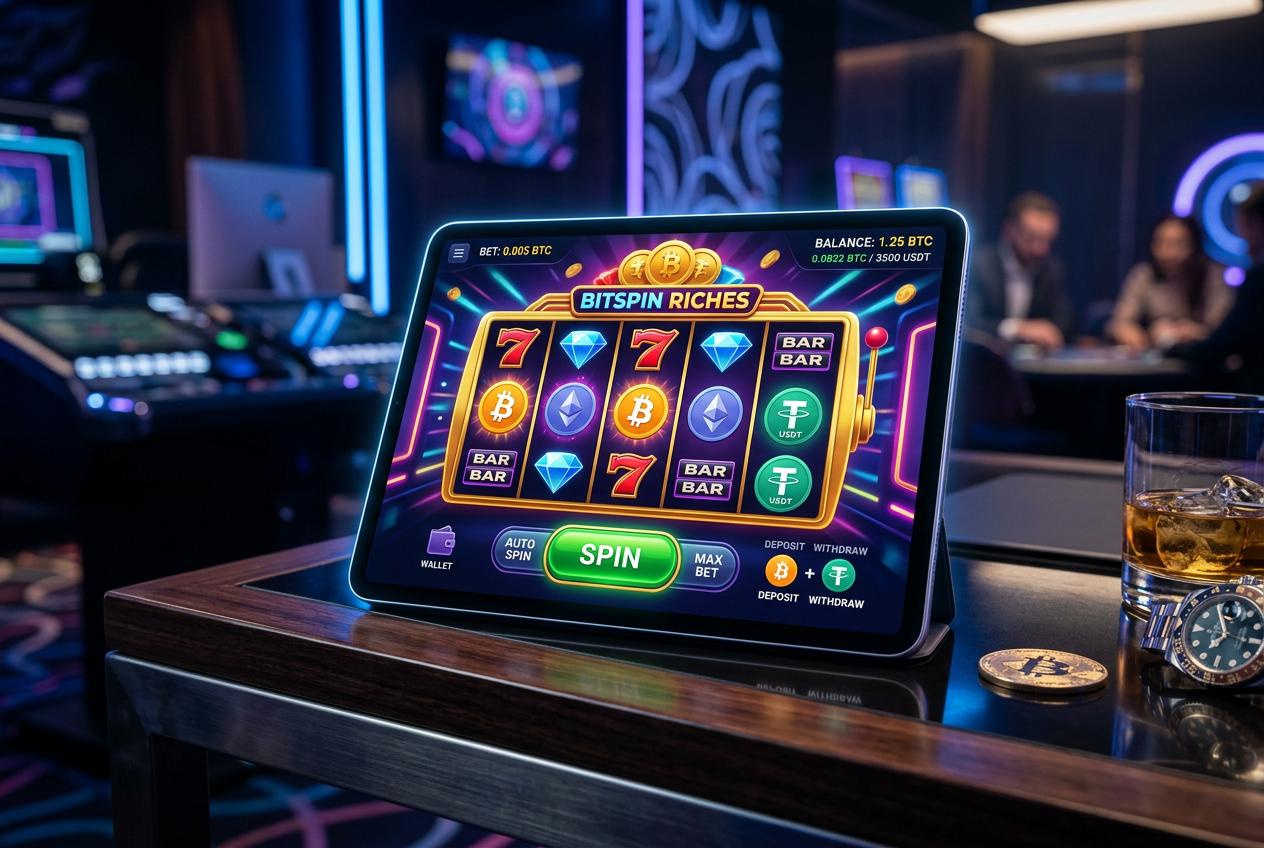 Nowoczesny interfejs kasyna kryptowalutowego na tablecie w otoczeniu neonowego oświetlenia.