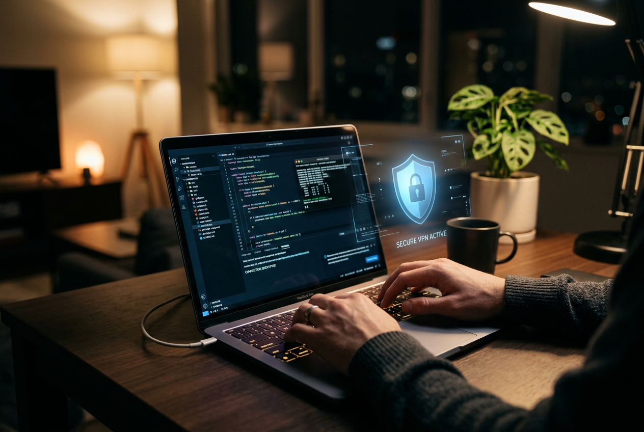 Symboliczne ujęcie bezpiecznego połączenia VPN i prywatności danych na laptopie.