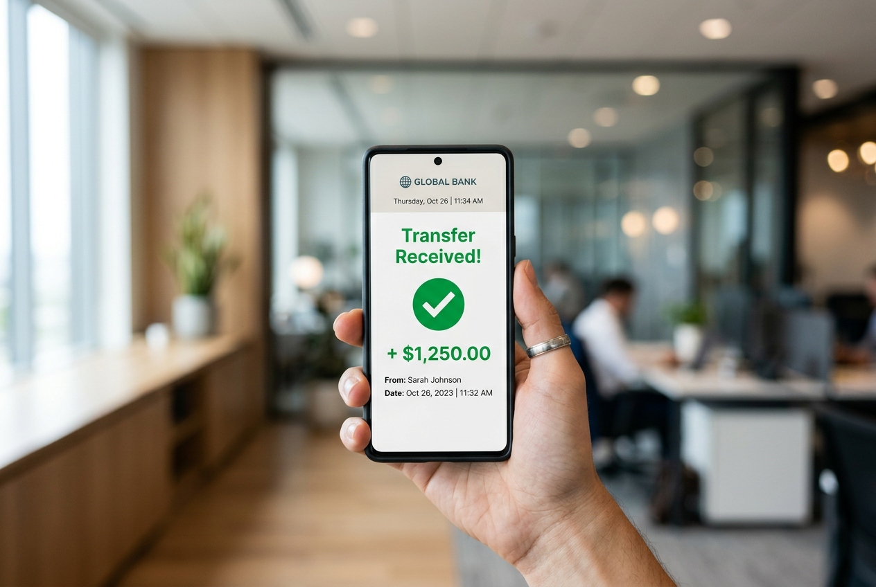 A close-up of a person's hands holding a smartphone displaying a successful financial transaction notification.